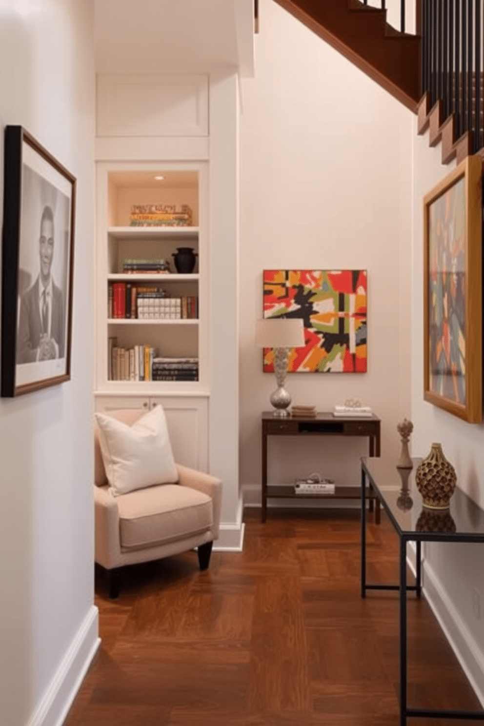 Creative use of space under stairs. Imagine a cozy reading nook with built-in shelves, a plush armchair, and soft lighting that invites relaxation. Narrow Foyer Design Ideas. Visualize a chic entryway featuring a slim console table, a statement mirror, and vibrant artwork that adds personality without overwhelming the space.