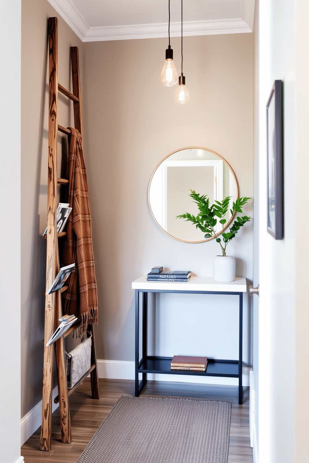 A stylish narrow foyer features a decorative ladder leaning against the wall, adorned with neatly arranged magazines and cozy throws. The walls are painted in a soft, inviting hue, and a sleek console table sits below a modern mirror, enhancing the sense of space. The foyer is illuminated by a chic pendant light, casting a warm glow over the area. A small potted plant adds a touch of greenery, while a textured runner rug provides comfort underfoot.