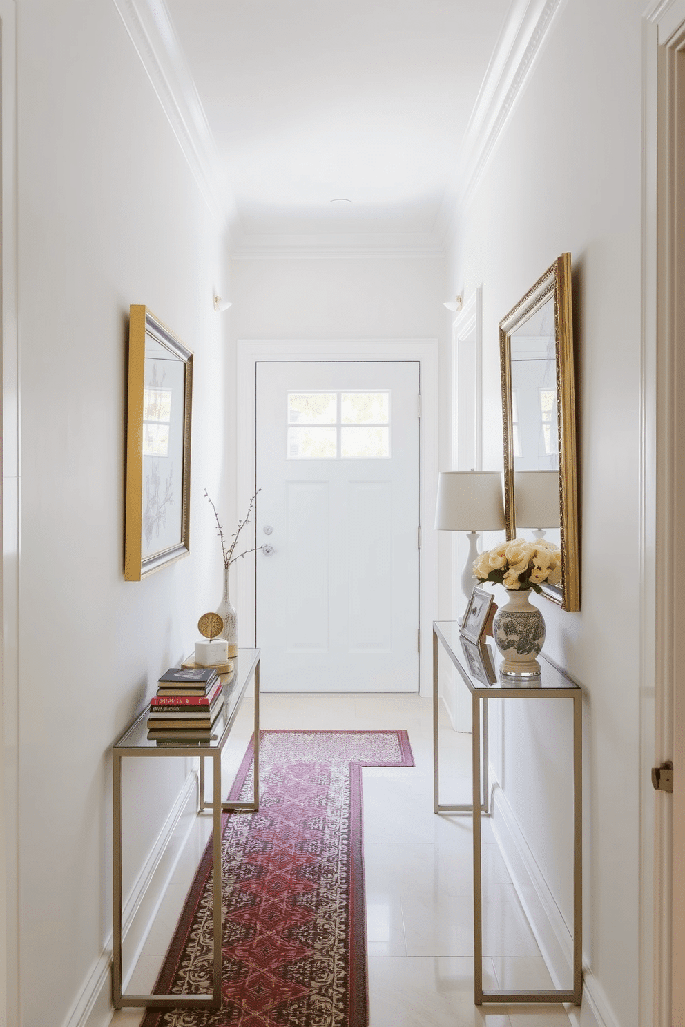 A narrow foyer with light-colored paint to brighten the space. The walls are adorned with elegant artwork, and a slim console table with decorative items is positioned against one side.