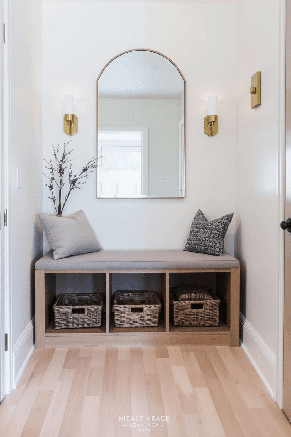 A stylish bench for seating and storage is positioned against the wall, featuring a sleek upholstered seat in a soft gray fabric. Below the seat, an open shelf holds neatly organized baskets, providing a functional yet decorative element to the space. The narrow foyer is designed with a light wood flooring that enhances the airy feel, complemented by a statement mirror above the bench that reflects light. Soft wall sconces flank the mirror, casting a warm glow and creating an inviting atmosphere as guests enter the home.