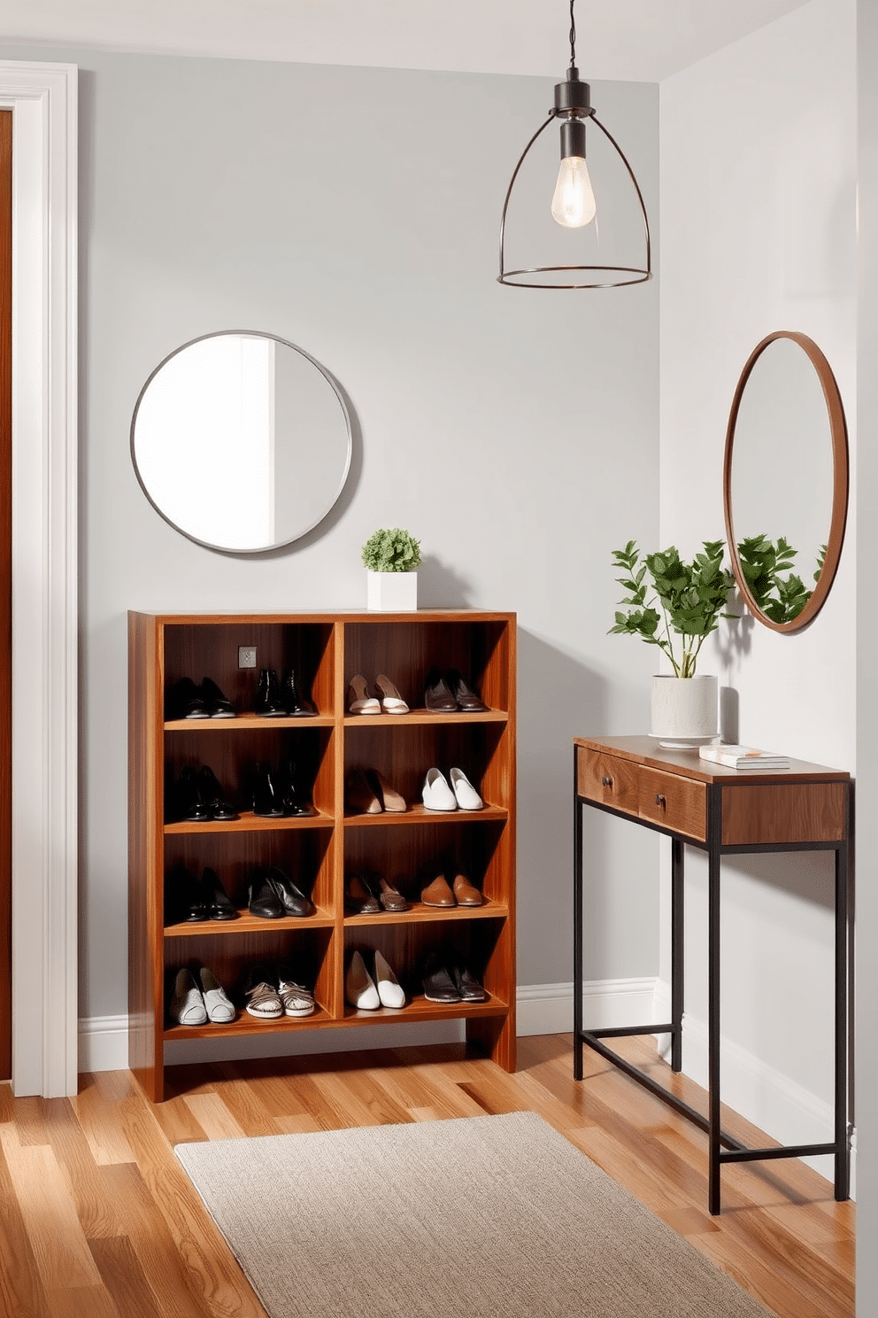 A vertical shoe rack made of sleek wood with open shelving, designed to hold an array of stylish footwear. The rack is positioned against a soft gray wall, complemented by a small potted plant on top for a touch of greenery. A narrow foyer featuring a minimalist console table with a round mirror above it, creating an inviting entrance. The floor is adorned with a chic runner rug, and a stylish pendant light hangs from the ceiling, illuminating the space beautifully.