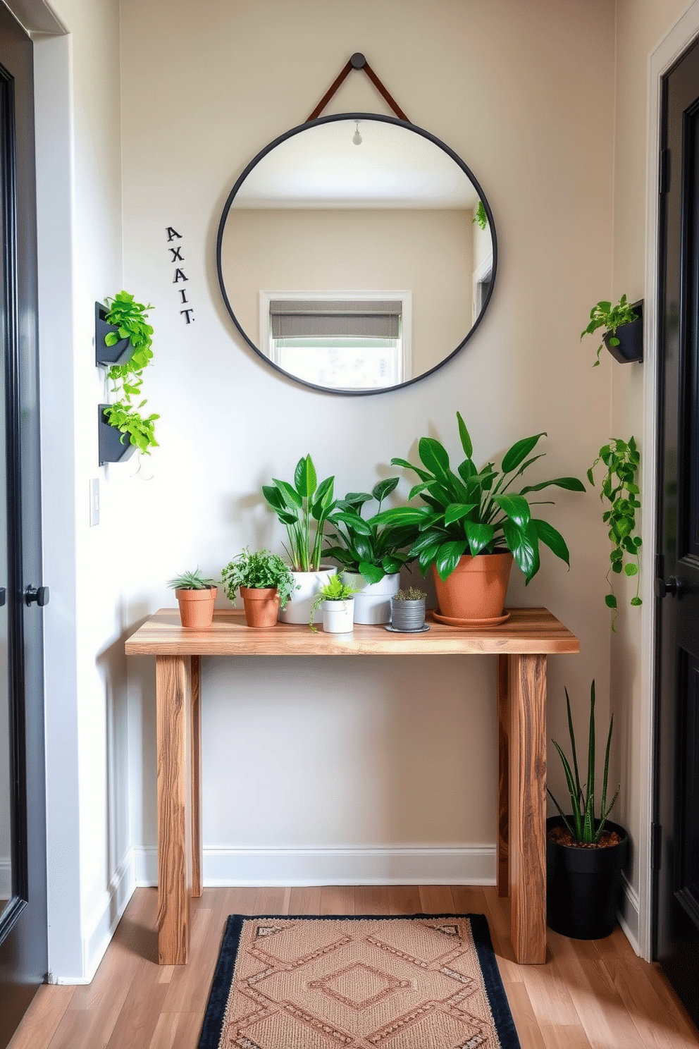 A narrow foyer features a sleek console table made of reclaimed wood, topped with a vibrant arrangement of potted plants that bring life and freshness to the space. The walls are painted in a soft beige, complemented by a striking round mirror that reflects the greenery, enhancing the natural decor. Incorporate vertical planters along the walls to maximize space while adding lush greenery. The floor is adorned with a stylish runner rug that guides guests into the home, creating a warm and inviting atmosphere.