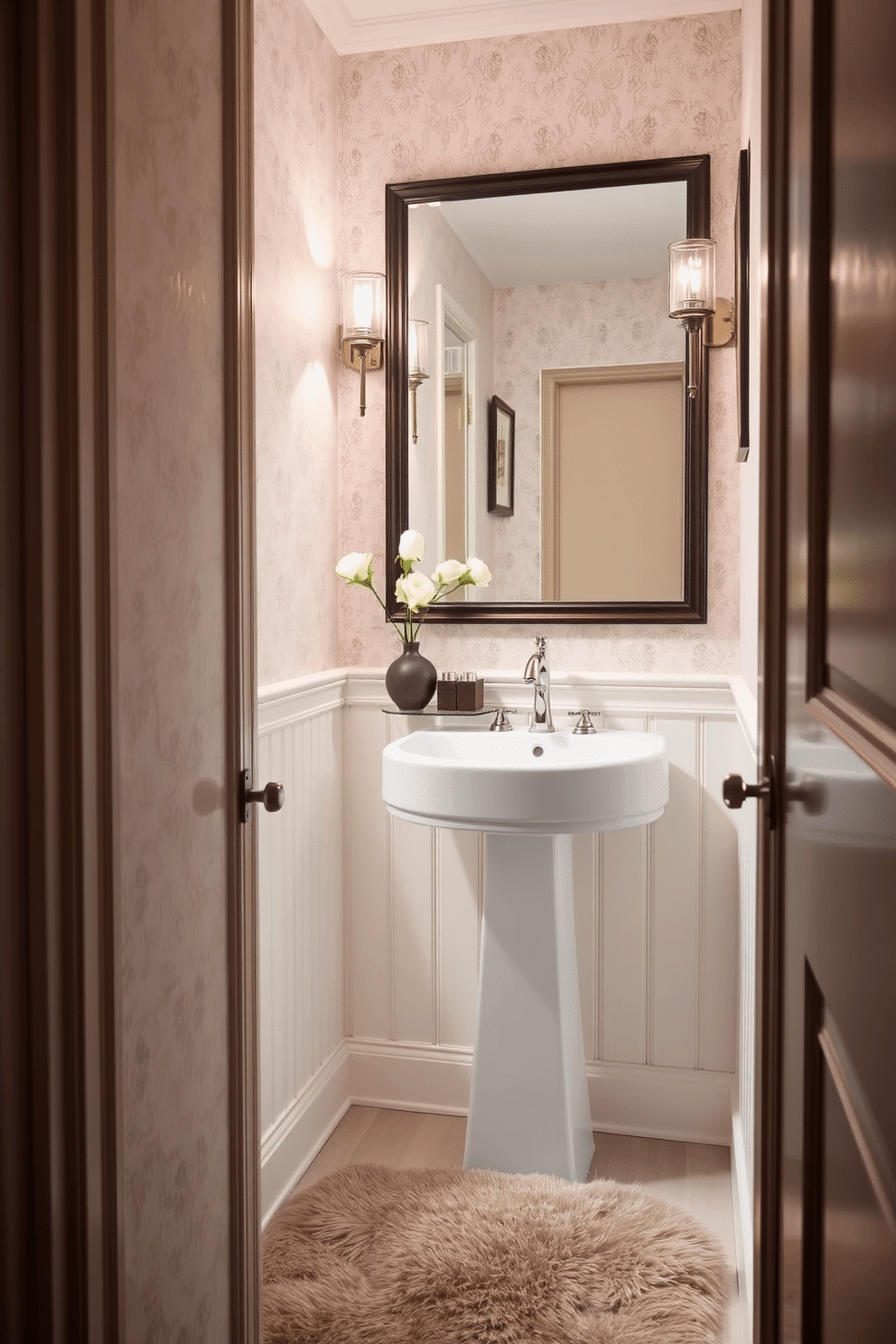 A narrow powder room features a sleek pedestal sink that adds an elegant touch while maximizing space. The walls are adorned with a soft, neutral wallpaper, and a large framed mirror reflects light, making the room feel more expansive. A small console table beneath the mirror provides a stylish surface for decorative items, while a plush, patterned rug adds warmth underfoot. Accent lighting fixtures with a vintage flair illuminate the space, enhancing the sophisticated ambiance.