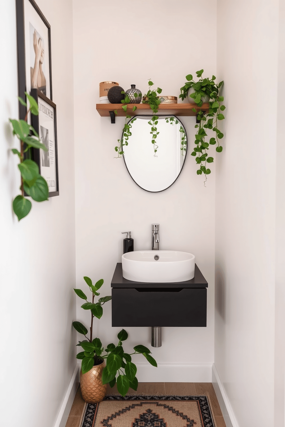 A narrow powder room features a sleek, wall-mounted sink with a modern faucet, complemented by a floating wooden shelf adorned with decorative items. Lush green plants are strategically placed in the corners, bringing a refreshing touch to the space and enhancing the overall aesthetic. The walls are painted in a soft, light color to create an illusion of depth, while a stylish mirror with a unique frame adds character. A small, patterned rug on the floor ties the design together, providing warmth and inviting comfort.