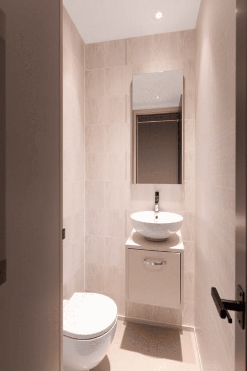 A narrow powder room features a sleek, compact toilet design that maximizes space while maintaining style. The walls are adorned with a soft, neutral wallpaper, and a small, elegant sink is mounted above a minimalist floating vanity.