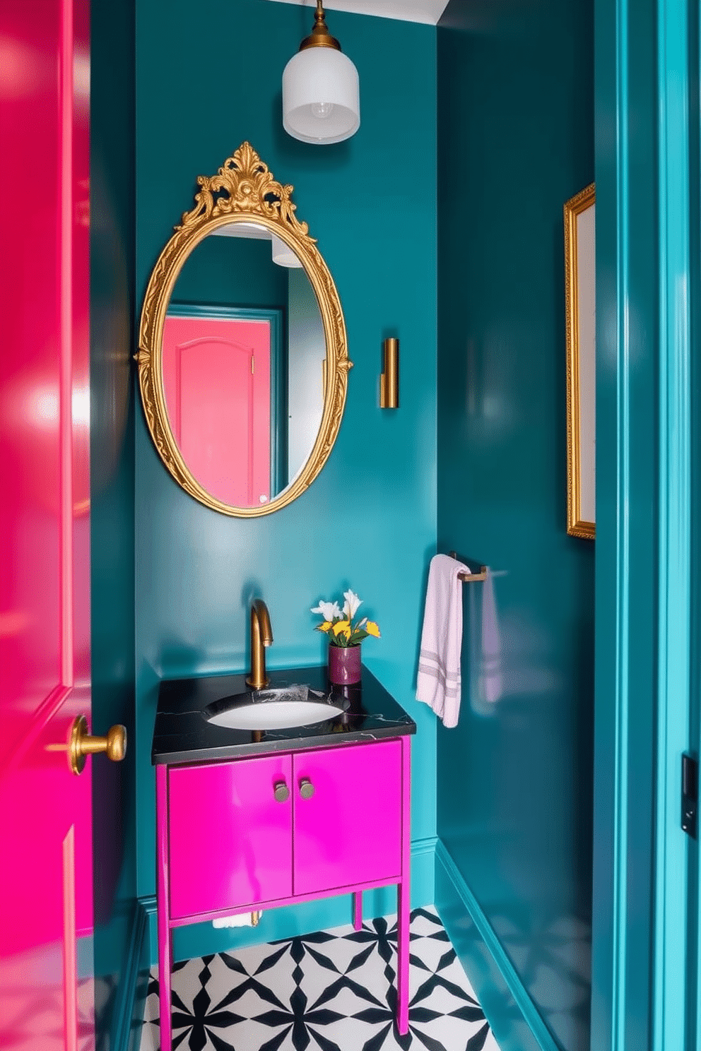 A narrow powder room featuring bold, vibrant colors that create a dramatic effect. The walls are painted in a deep teal, complemented by a striking fuchsia vanity with a sleek gold faucet. A large round mirror with an ornate gold frame hangs above the vanity, reflecting the vivid hues. The floor is adorned with geometric black and white tiles, adding a modern touch to the space.