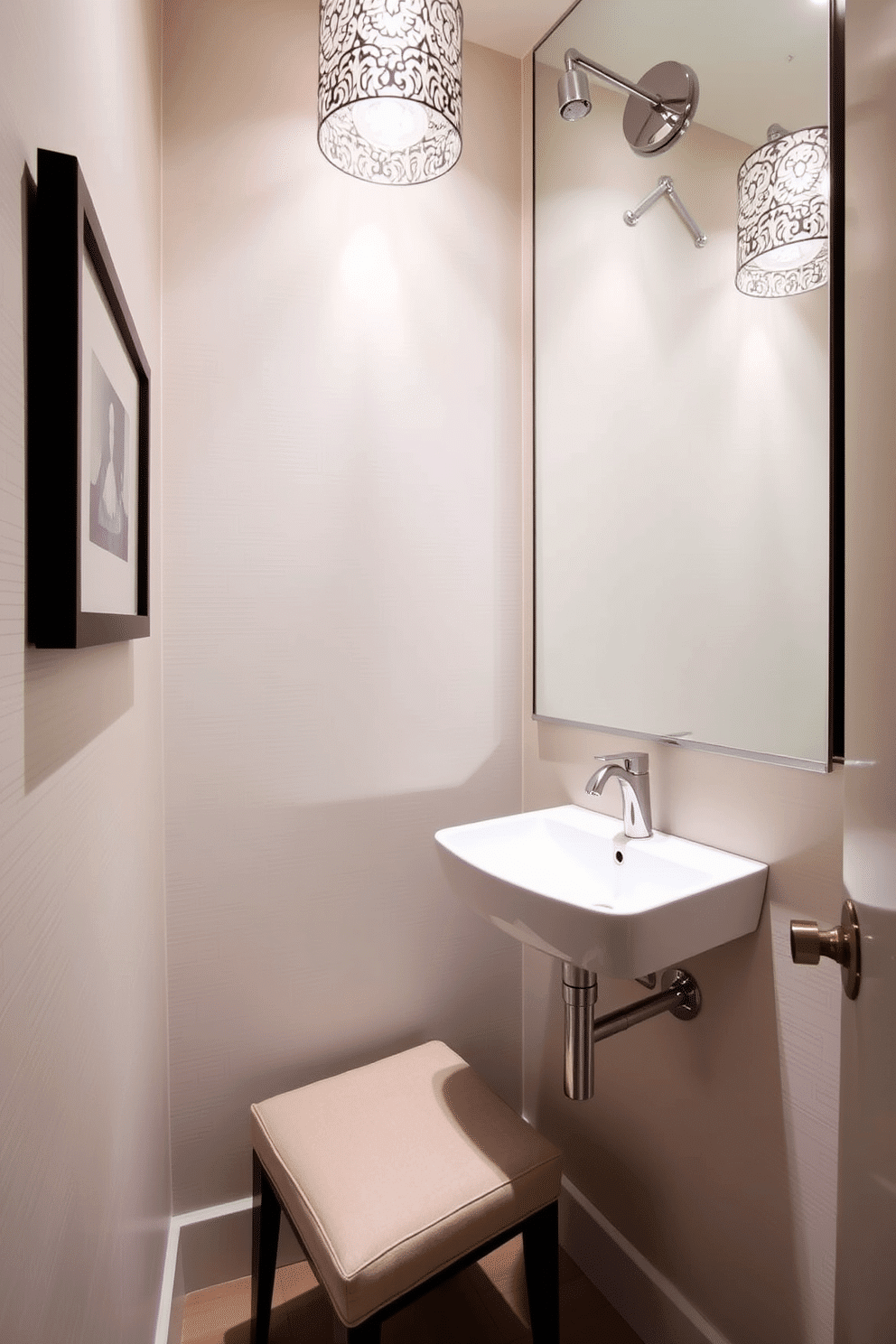 A narrow powder room features a sleek, wall-mounted sink with a stylish faucet, complemented by a small, elegant bench upholstered in a soft fabric. The walls are adorned with a subtle wallpaper pattern, and a large mirror above the sink enhances the sense of space, while a decorative light fixture adds a touch of sophistication.