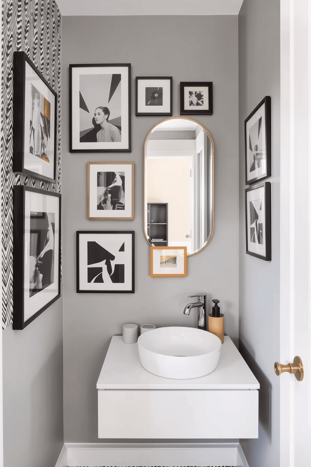 Create a gallery wall featuring an eclectic mix of framed artwork, including abstract pieces and black-and-white photography, arranged in a visually balanced layout. The wall is painted in a soft gray hue, providing a neutral backdrop that allows the vibrant colors of the art to stand out. Design a narrow powder room that maximizes space while maintaining elegance, featuring a sleek floating vanity with a round vessel sink. The walls are adorned with a bold wallpaper pattern, and a stylish mirror above the vanity reflects the ambient lighting, creating an inviting atmosphere.