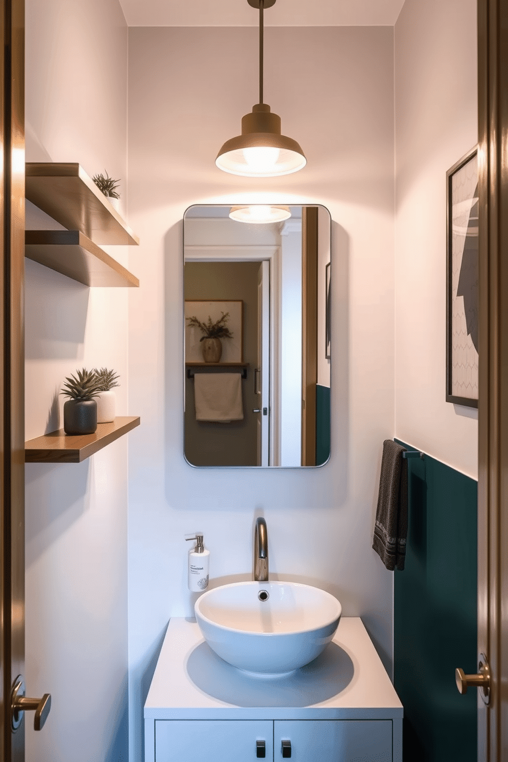 A narrow powder room features sleek floating shelves on the walls, adorned with decorative items such as small plants and stylish vases. The walls are painted in a soft, neutral tone, enhancing the sense of space while a chic mirror above the sink reflects light and creates an inviting atmosphere. The design includes a compact vanity with a modern faucet, paired with a minimalist light fixture that illuminates the room elegantly. A bold accent wall, perhaps in a deep navy or rich emerald, adds a touch of sophistication to the overall aesthetic.