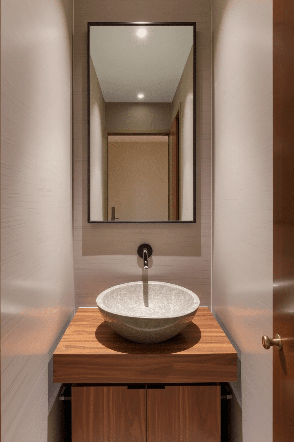 A narrow powder room featuring a striking vessel sink made of polished stone, elegantly perched atop a sleek wooden console. The walls are adorned with a soft, muted wallpaper that adds texture, while a large, framed mirror reflects the ambient light, enhancing the sense of space.