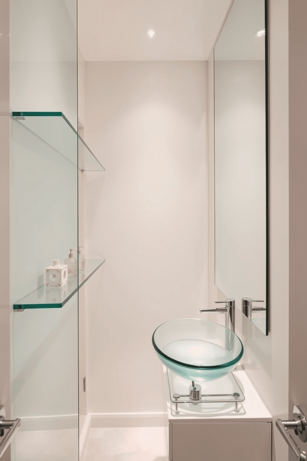 A narrow powder room featuring sleek glass elements that enhance the sense of openness. The walls are adorned with a soft, light color, while a floating glass shelf displays elegant decor items. The vanity is a minimalist design with a glass basin and polished chrome fixtures. A large mirror stretches across the wall, reflecting light and creating an airy atmosphere, complemented by subtle ambient lighting.