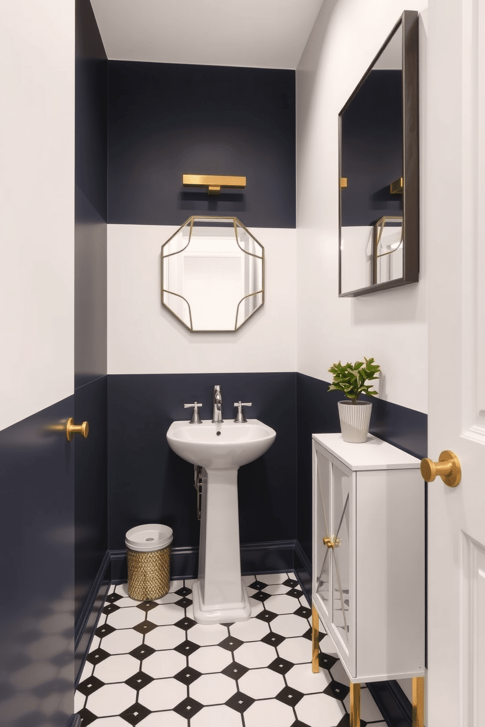 A narrow powder room features a striking color-blocking technique on the walls, with the lower half painted in a deep navy blue and the upper half in a soft, crisp white. A sleek, modern pedestal sink is centered against the wall, complemented by a geometric-patterned mirror that adds visual interest above it. The floor showcases a chic black and white tile pattern, enhancing the room's contemporary feel. To the side, a slim storage cabinet with gold accents holds essentials, while a small potted plant adds a touch of greenery to the space.