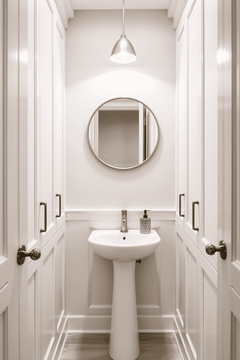 A narrow powder room features elegant built-in cabinetry that maximizes storage while maintaining a sleek aesthetic. The cabinetry, finished in a soft white, seamlessly blends with the light gray walls, creating an airy and spacious feel. A chic pedestal sink is placed between the cabinetry, adorned with a stylish faucet and a decorative soap dispenser. Above the sink, a round mirror with a brushed nickel frame reflects the ambient lighting from a modern wall sconce.