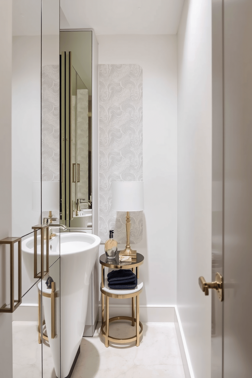 A narrow powder room features mirrored cabinets that reflect light, creating an illusion of spaciousness. The cabinetry is sleek and modern, complemented by elegant fixtures and a stylish sink to enhance the overall aesthetic. The walls are painted in a soft, neutral tone, while a statement wallpaper adds a touch of personality. A small decorative table with a chic lamp sits beside the sink, providing both functionality and style in this compact space.