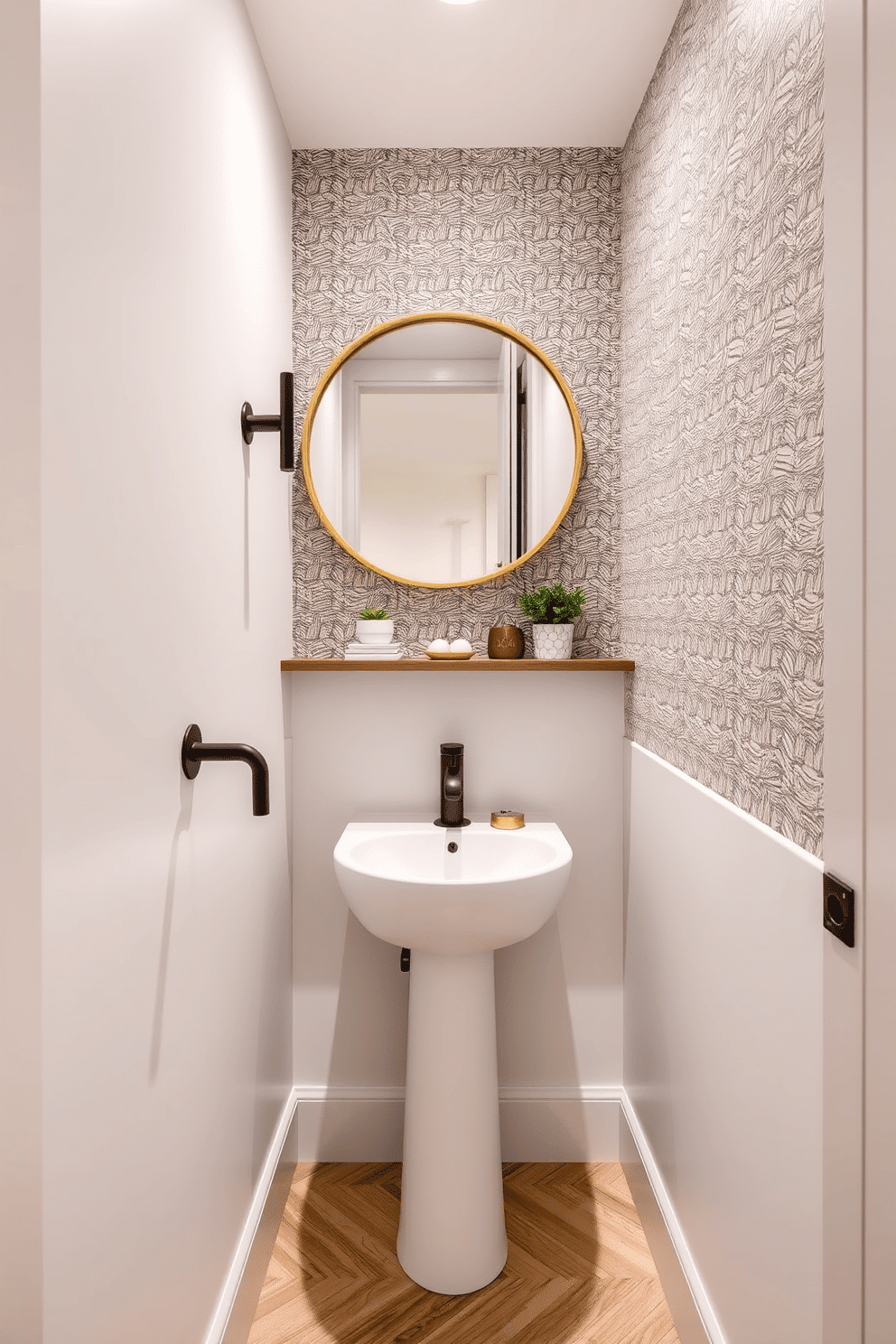 A narrow powder room features a sleek, contemporary design with a striking wall-mounted faucet in a matte black finish, adding a touch of modern elegance. The walls are adorned with a vibrant geometric wallpaper, while the floor showcases a classic herringbone pattern in light wood tones. A compact pedestal sink sits against one wall, complemented by a stylish round mirror framed in brushed brass. To enhance the space, a small floating shelf displays decorative items and a potted plant, creating a welcoming atmosphere.