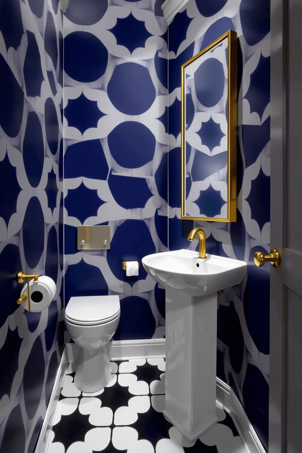 A narrow powder room features bold, large-scale geometric wallpaper in a striking navy blue and white pattern, creating a dramatic focal point. The space is accentuated by a sleek, modern pedestal sink in white, paired with a stylish gold faucet that adds a touch of elegance. The floor is adorned with oversized black and white tiles that echo the wallpaper's geometric theme, enhancing the room's visual impact. A slim, tall mirror with a gold frame reflects the vibrant patterns, making the space feel larger and more inviting.