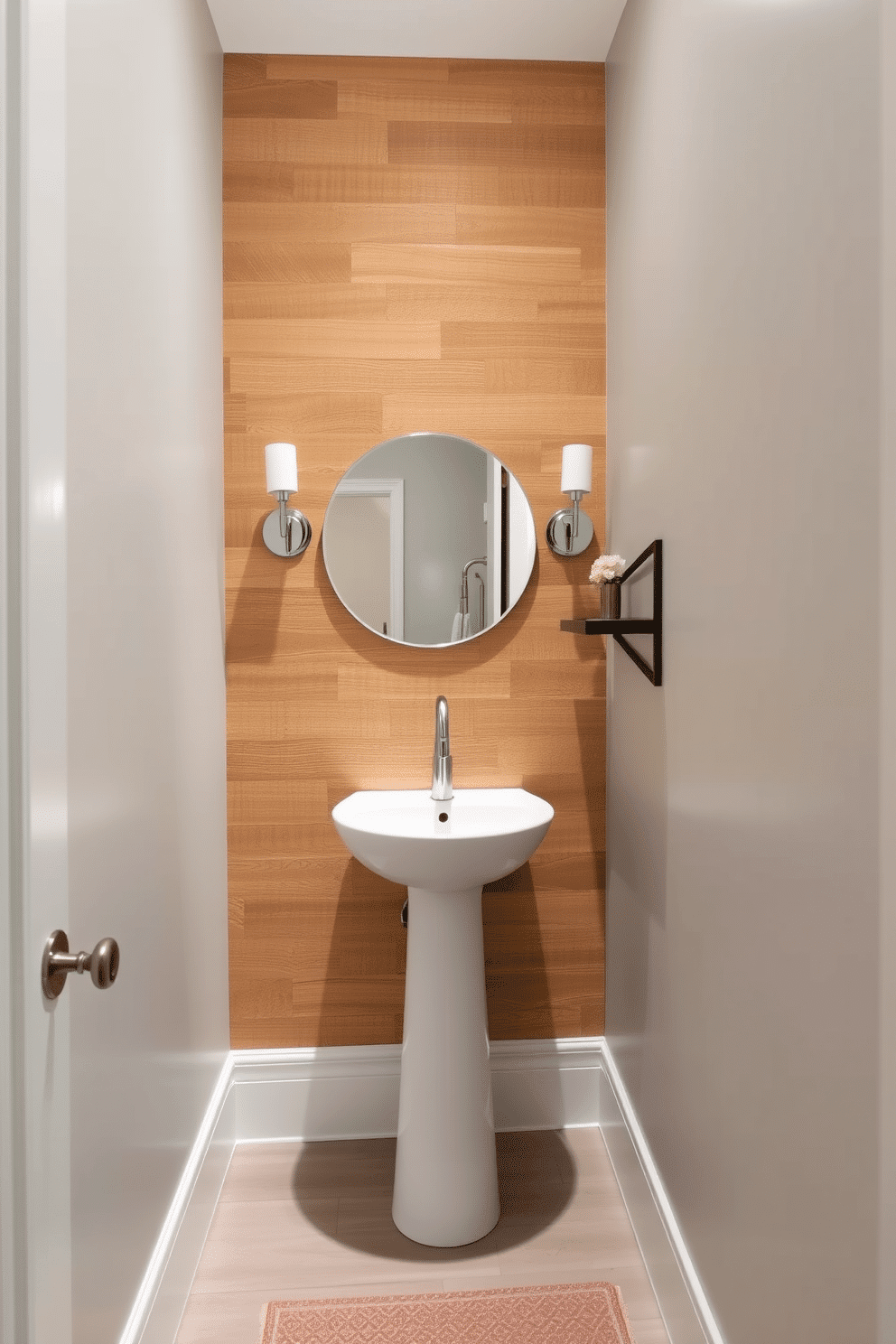 A narrow powder room featuring an accent wall made of textured reclaimed wood, creating a warm and inviting atmosphere. The opposite wall is painted in a soft, neutral tone to enhance the sense of space, while a sleek pedestal sink with a modern faucet sits in the corner, maximizing floor area. Delicate wall sconces flank a round mirror above the sink, providing soft lighting that highlights the texture of the accent wall. A small, stylish shelf holds decorative items, and a patterned rug adds a touch of color to the otherwise minimalist design.