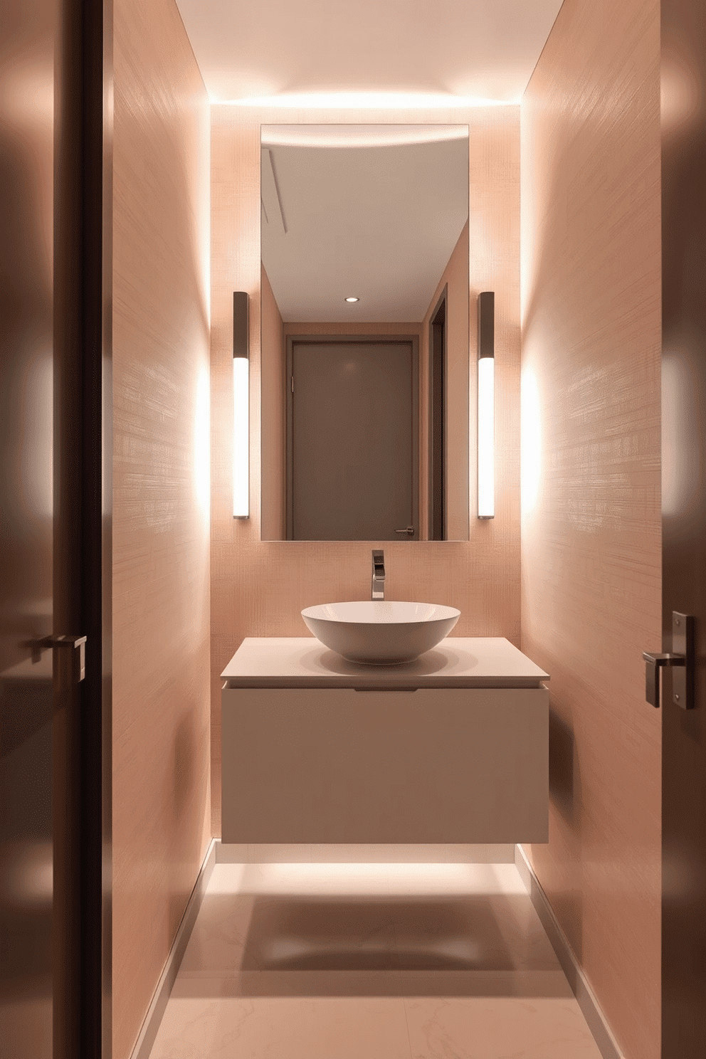 A narrow powder room features sleek, wall-mounted lighting that illuminates the space with a warm glow. The walls are adorned with a textured wallpaper in a soft hue, creating an inviting atmosphere while maximizing the room's vertical space. A minimalist floating vanity with a polished countertop complements the modern aesthetic, paired with a chic vessel sink. The flooring showcases elegant, large-format tiles in a neutral tone, enhancing the room's sense of openness and sophistication.