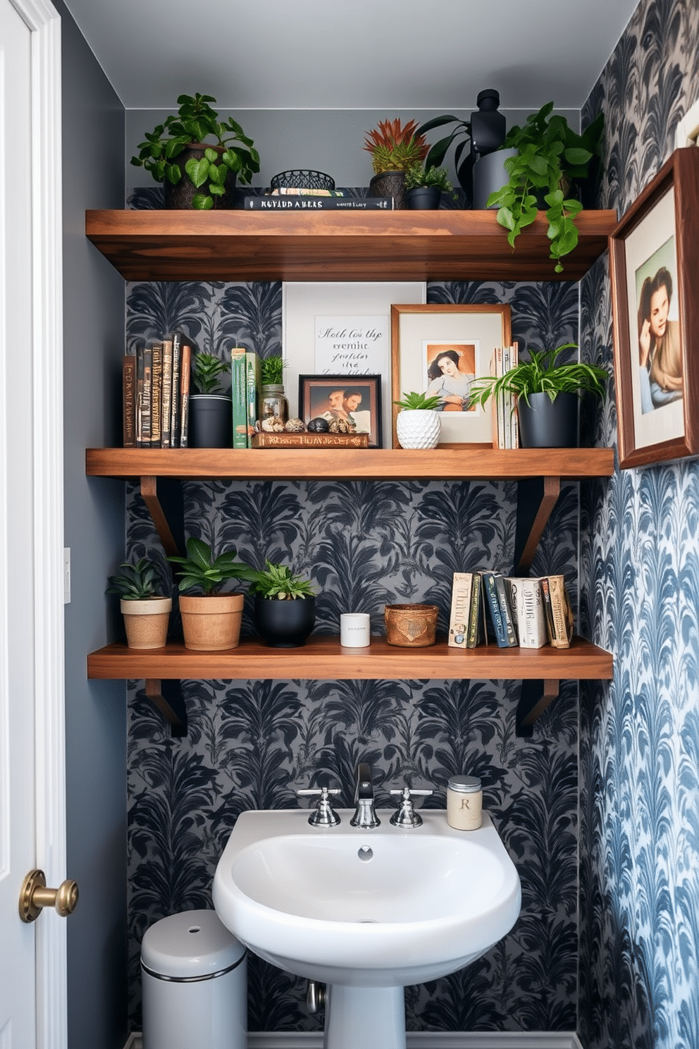 Open shelving for decorative storage. The shelves are made of reclaimed wood, adorned with an assortment of plants, books, and curated decor items that create a warm and inviting atmosphere. Narrow powder room design ideas. The space features a sleek pedestal sink with a vintage-style faucet, complemented by a bold wallpaper that adds character and depth to the compact area.