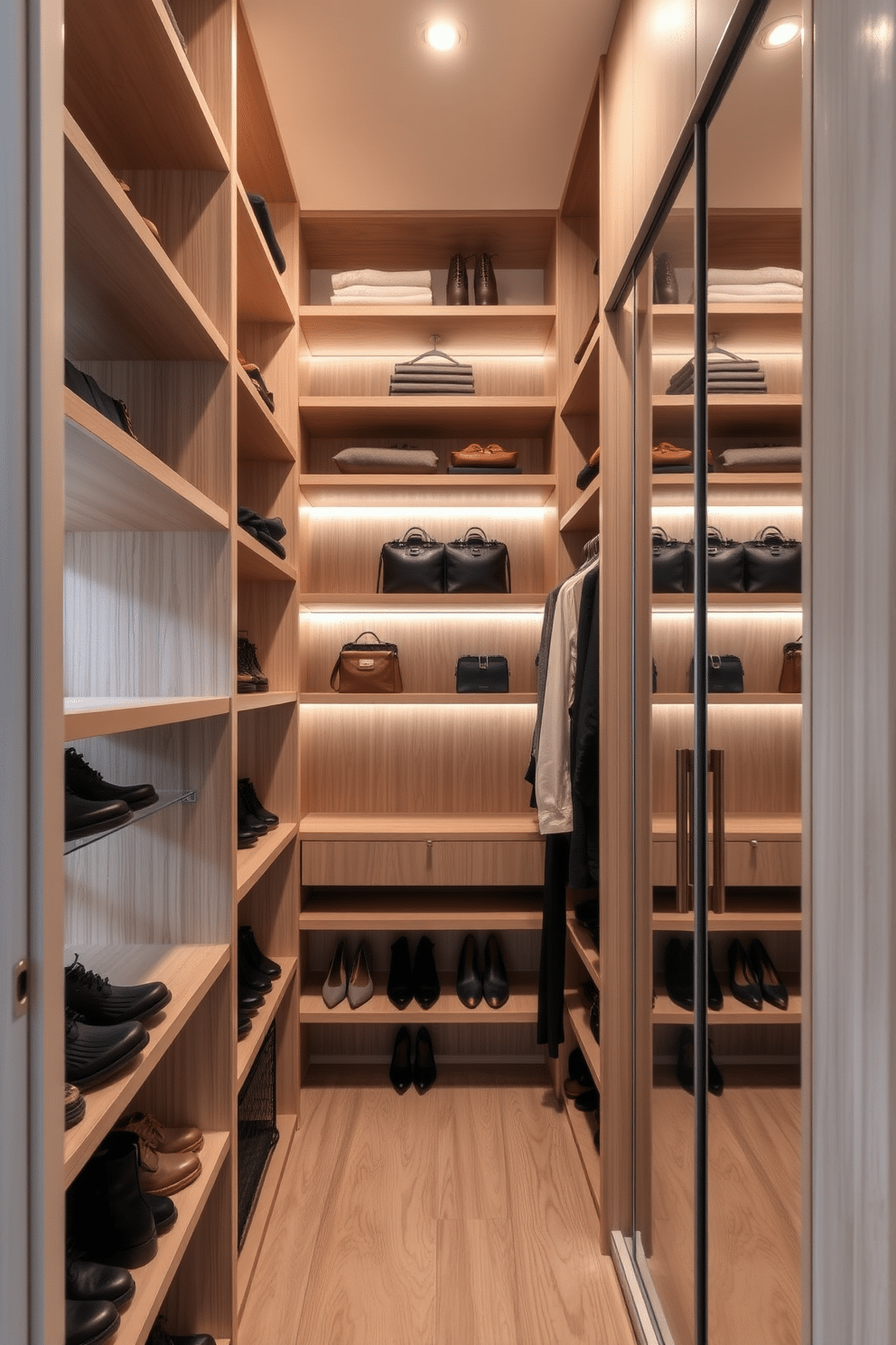 Maximize vertical space with shelves in a narrow walk-in closet. The shelves are installed from floor to ceiling, creating ample storage for shoes, bags, and accessories, while a sleek sliding door offers easy access. Incorporate a minimalist design with light wood finishes and soft ambient lighting. A full-length mirror is mounted on one wall, enhancing the sense of space and functionality.