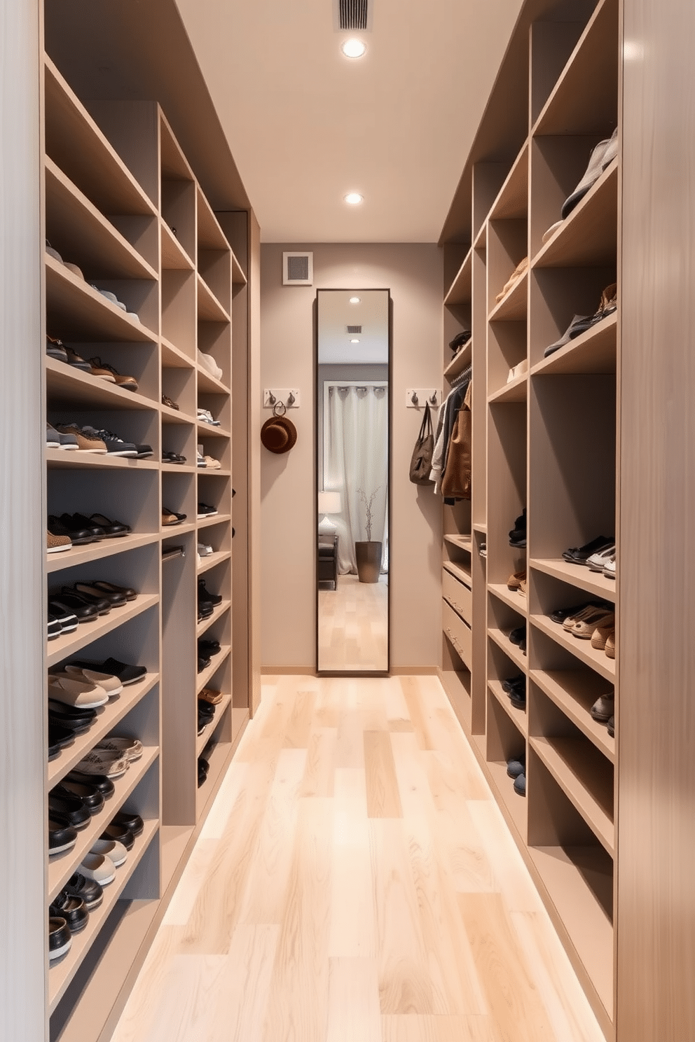 A narrow walk-in closet features sleek, built-in shelving on both sides, providing ample storage for shoes and accessories. Hooks for bags and hats are strategically placed on the back wall, enhancing organization while maintaining a clean aesthetic. The flooring is a light, natural wood that complements the soft, neutral color palette of the walls. A full-length mirror is positioned at the end of the closet, reflecting light and creating a sense of spaciousness.