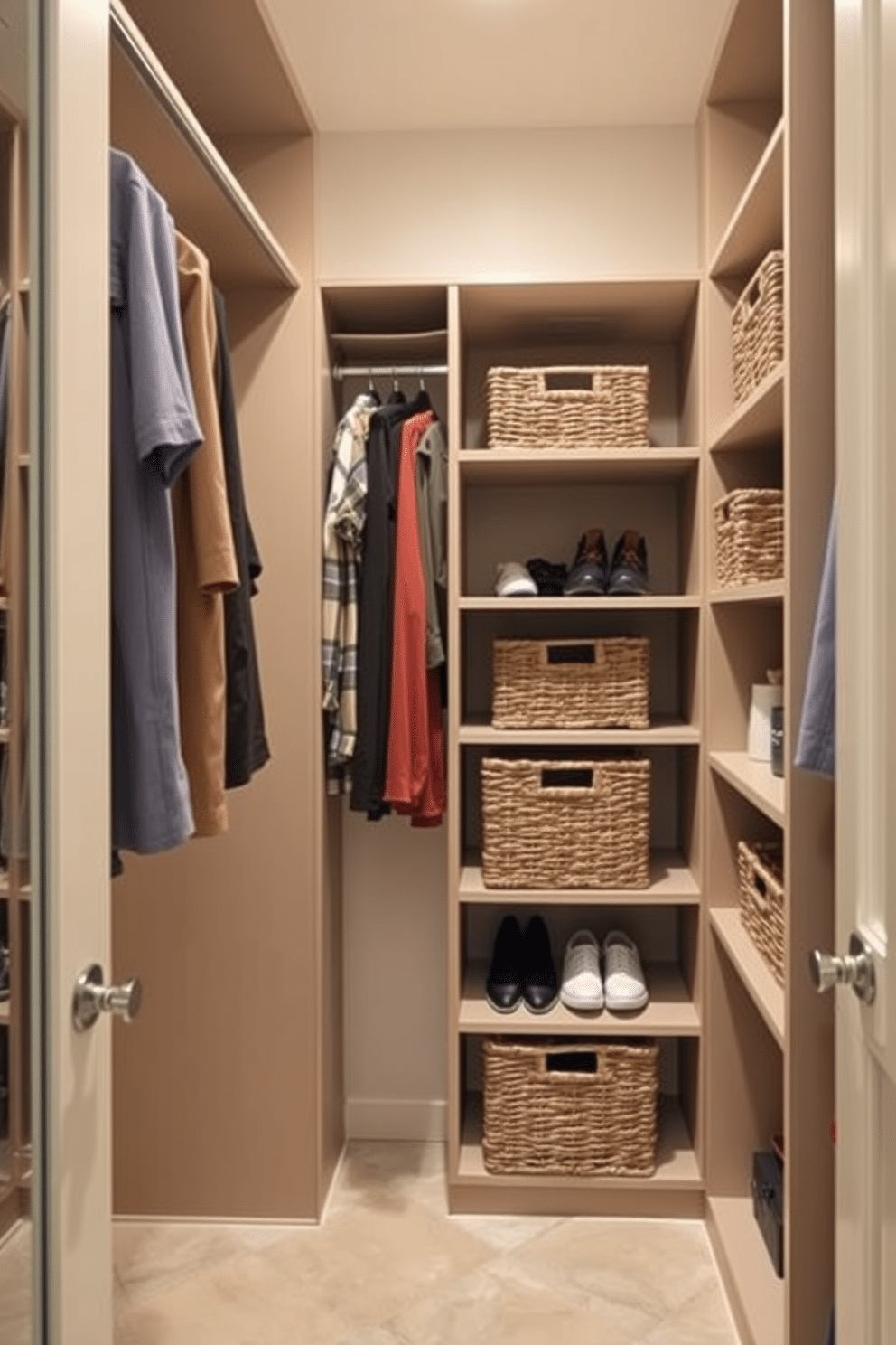 A narrow walk-in closet features built-in shelves and hanging rods, maximizing vertical space while maintaining a sleek design. Strategically placed baskets on the shelves provide easy storage solutions for accessories and seasonal items, adding both organization and style.