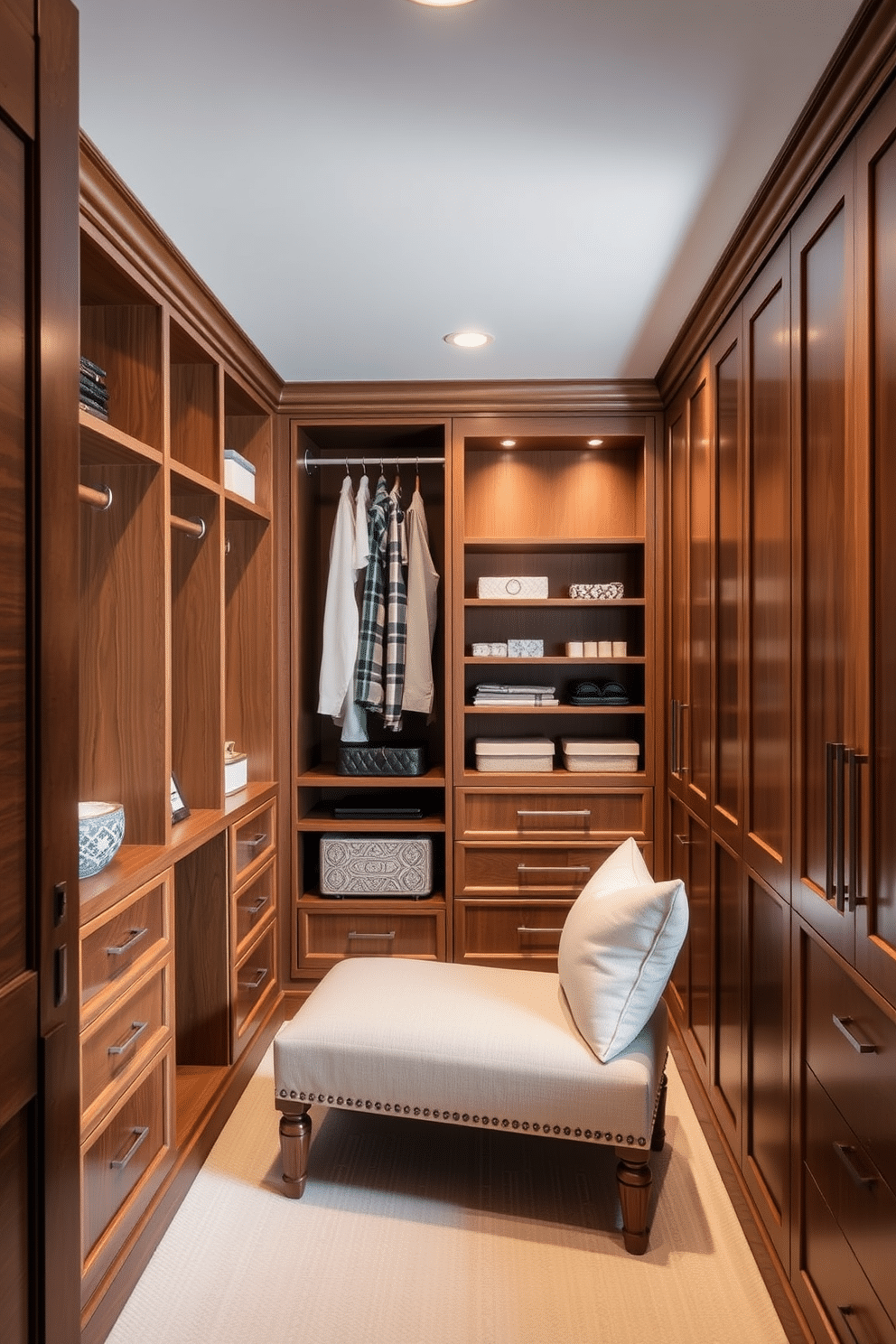 A narrow walk-in closet featuring a small, elegant bench for seating, upholstered in a soft, neutral fabric. The walls are lined with custom cabinetry, providing ample storage, while warm lighting highlights the rich wood tones and organized accessories.