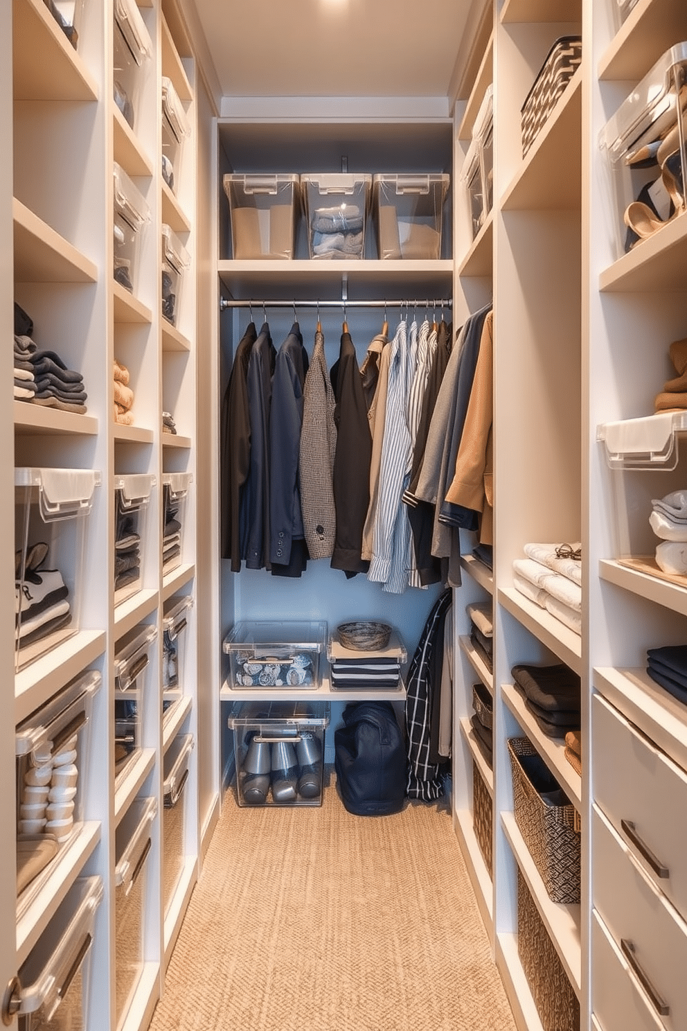 A narrow walk-in closet featuring clear containers for optimal visibility. The design includes built-in shelving and hanging space, allowing for organized storage of clothing and accessories while maintaining a spacious feel.