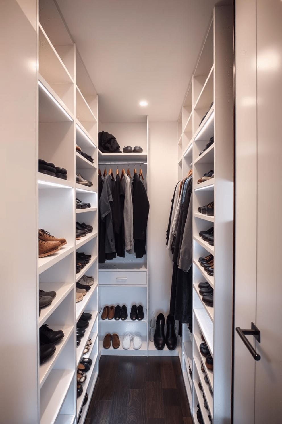 A narrow walk-in closet featuring sleek, modern shelving units that maximize storage space while maintaining an open feel. The walls are painted in a soft white, and LED strip lighting illuminates the area, highlighting the organized rows of shoes and neatly hung garments.