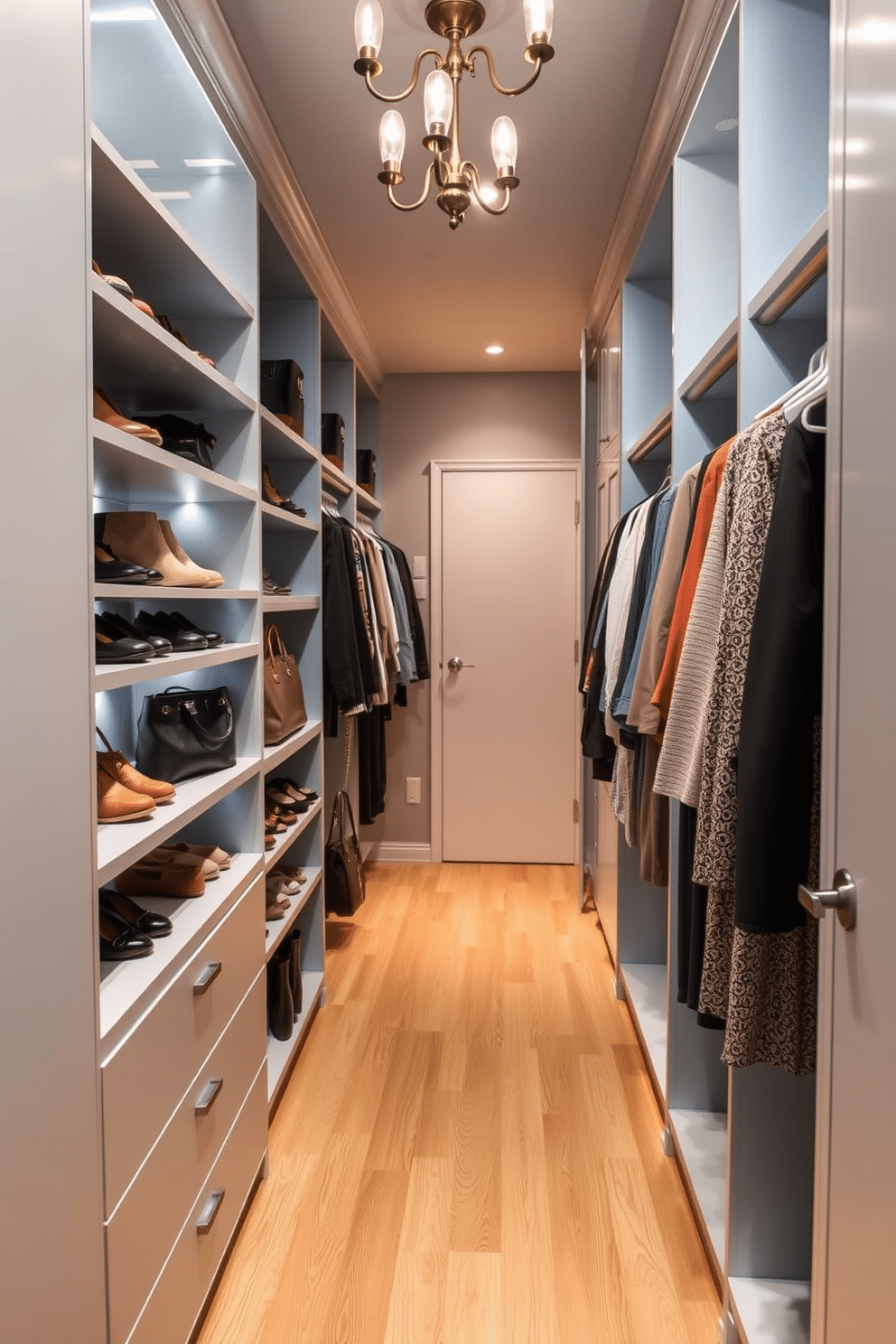 A narrow walk-in closet features a color-coordinated wardrobe system that enhances organization and visual appeal. The walls are painted in a soft gray, and the flooring is a light oak, creating a serene backdrop for the neatly arranged clothing and accessories. On one side, sleek shelving units display shoes and handbags, while the opposite wall showcases hanging rods filled with coordinated outfits. Ambient lighting highlights the space, with a stylish chandelier adding a touch of elegance to the overall design.