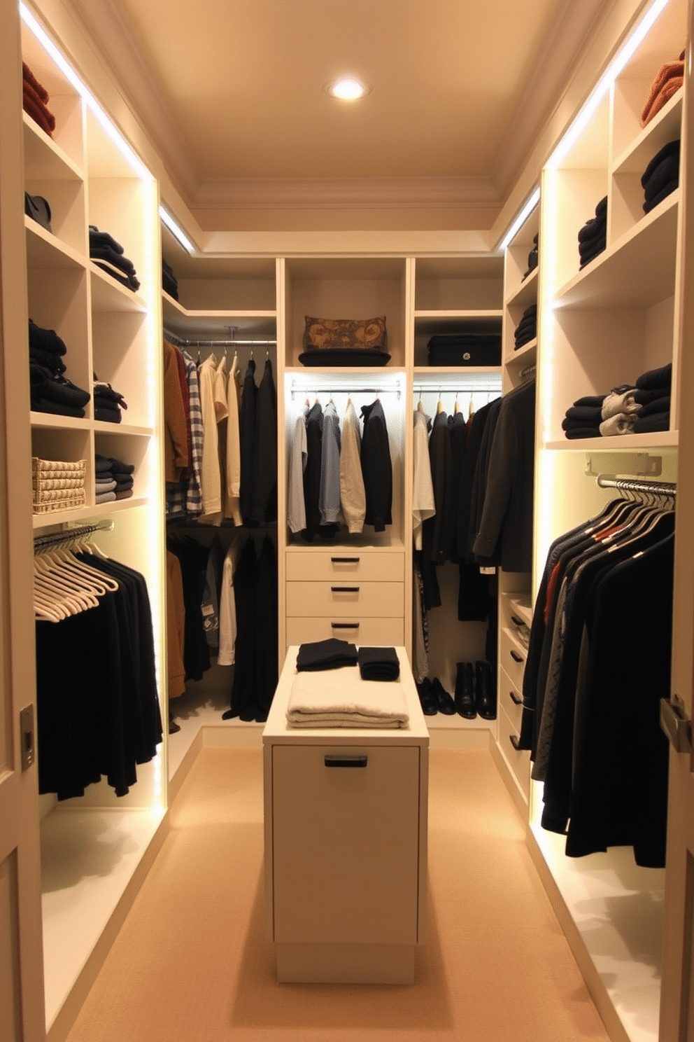 A narrow walk-in closet features a small island in the center for folding clothes, surrounded by custom shelving and hanging space on either side. The walls are painted in a soft, neutral tone, and warm LED lighting illuminates the space, creating an inviting atmosphere.