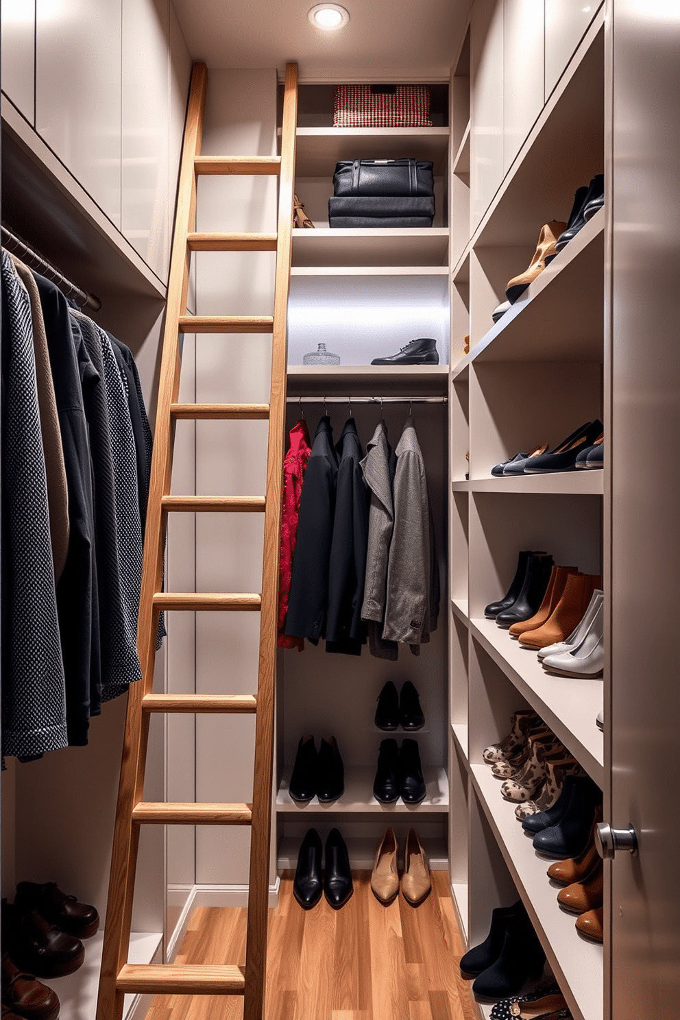 A narrow walk-in closet featuring a sleek design with a wooden ladder for high storage, allowing easy access to upper shelves. The walls are lined with built-in shelving units, and soft, ambient lighting illuminates the space, highlighting the organized arrangement of shoes and accessories.