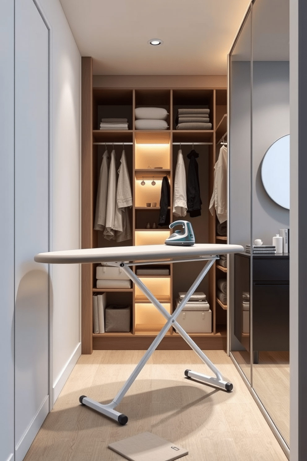 A compact ironing board design features a sleek, foldable structure that maximizes space efficiency. Its surface is covered in a heat-resistant fabric, and it includes built-in storage for an iron and accessories. Narrow walk-in closet design ideas incorporate vertical shelving and hanging solutions to optimize storage. Soft, ambient lighting enhances the space, while mirrored doors create an illusion of depth and openness.