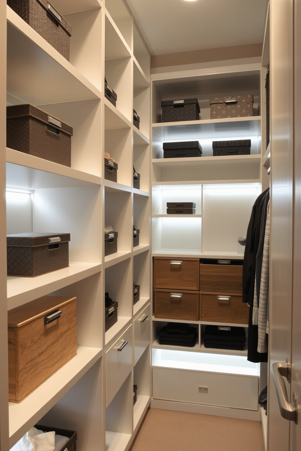 A narrow walk-in closet features sleek, built-in shelving that maximizes vertical space, allowing for organized storage of clothing and accessories. Decorative boxes in various sizes are strategically placed on the shelves, providing a stylish solution for storing seasonal items while maintaining a cohesive look. The closet is illuminated by soft LED lighting, highlighting the textures of the materials used, such as wood and fabric. A full-length mirror is positioned at the end of the closet, enhancing the sense of space and functionality.