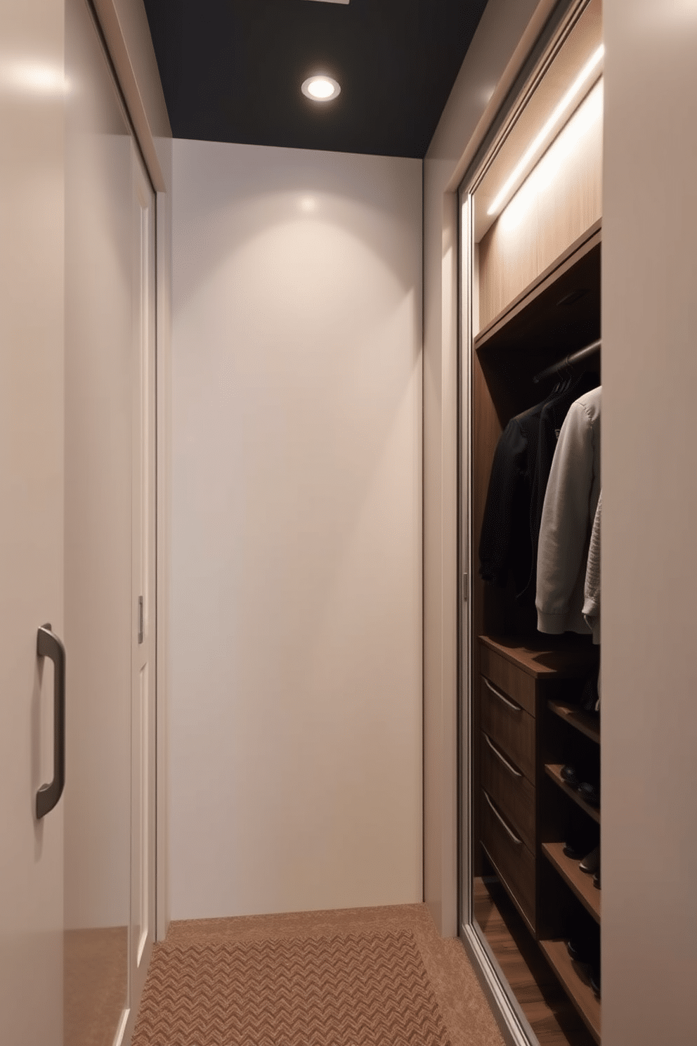 A narrow walk-in closet featuring sliding doors that maximize space efficiency. The interior includes built-in shelving on one side and a full-length mirror on the opposite wall, creating a sleek and functional design.