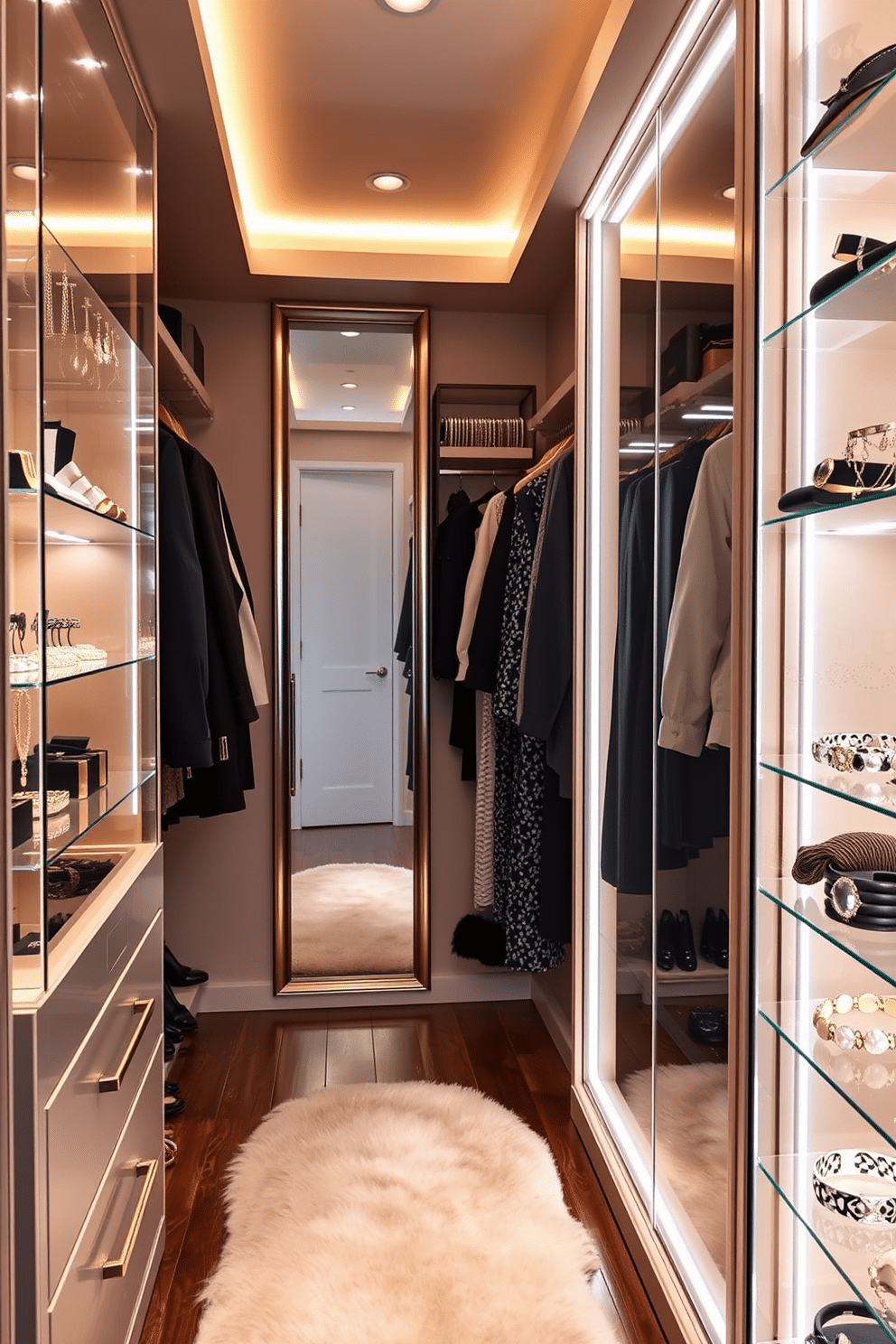 A chic narrow walk-in closet featuring a jewelry display area. The walls are lined with elegant shelving units, showcasing a variety of accessories in glass cases, while soft LED lighting highlights the collection. The floor is adorned with a plush area rug, adding warmth to the space. A full-length mirror is positioned at the end of the closet, reflecting the stylish organization of clothing and accessories.