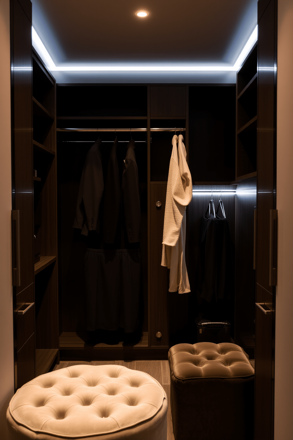 A sleek narrow walk-in closet features a pull-down rod conveniently installed for easy access to clothing. The walls are lined with built-in shelving and soft LED lighting enhances the modern aesthetic, while a plush ottoman provides a comfortable seating area.