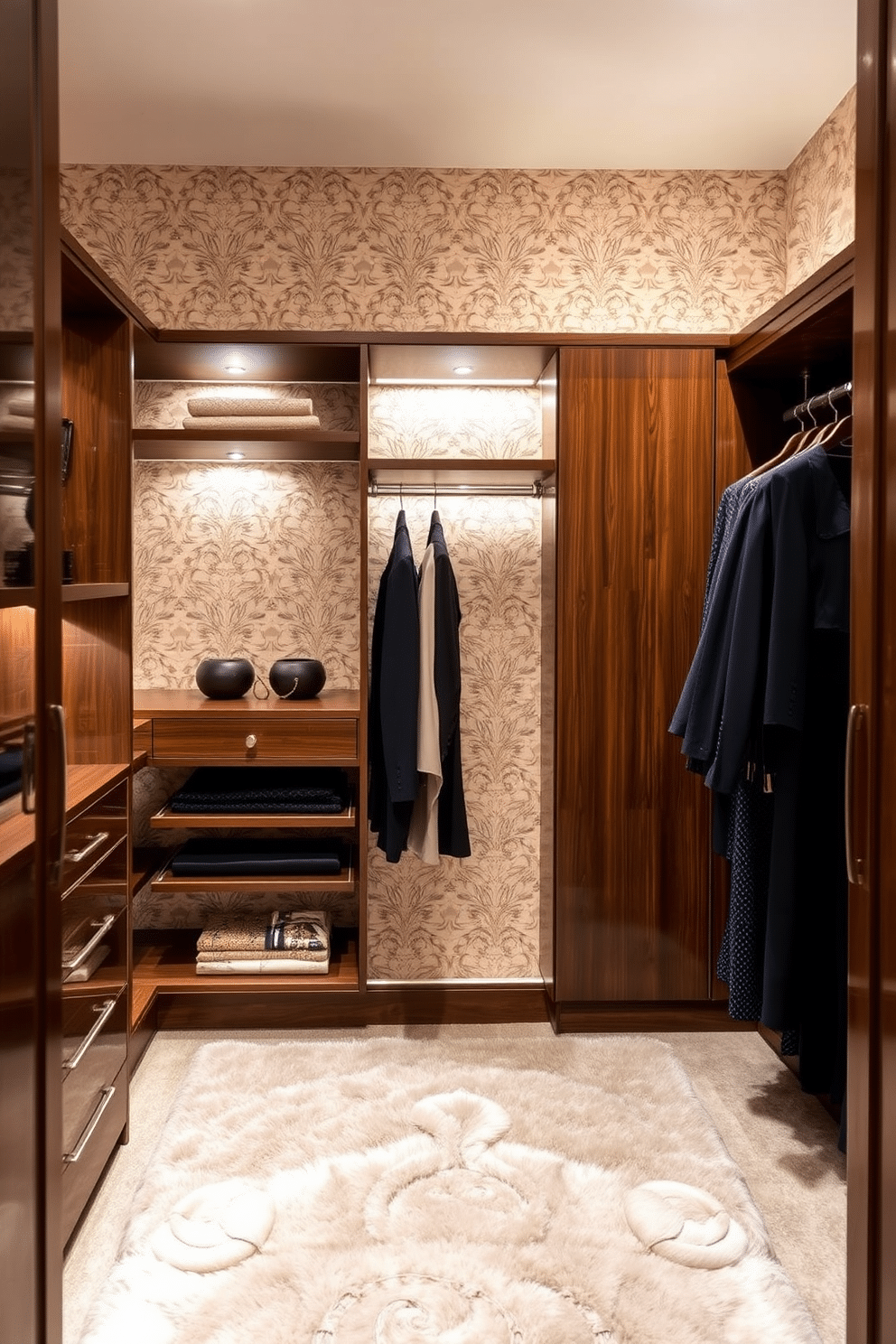 A stylish walk-in closet features elegant wallpaper with a subtle floral pattern, creating a sophisticated backdrop for the space. The closet includes custom shelving and hanging rods, maximizing storage while maintaining a chic aesthetic. Soft, ambient lighting illuminates the closet, highlighting the textures of the wallpaper and the polished wood finishes of the cabinetry. A plush area rug in a neutral tone adds warmth and comfort underfoot, enhancing the overall inviting atmosphere.