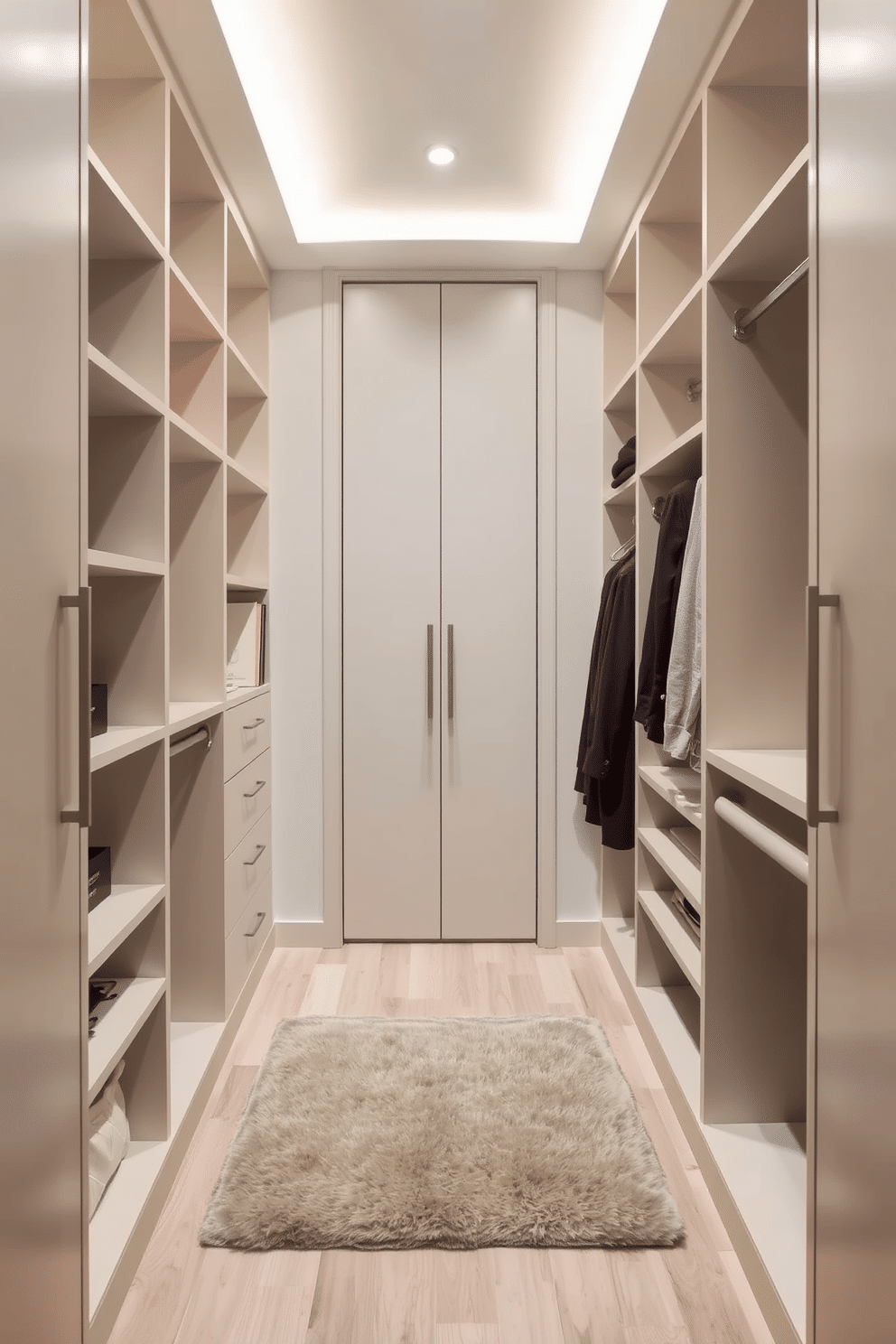 A chic narrow walk-in closet featuring sleek built-in shelving and hanging rods on either side, maximizing storage while maintaining an open feel. Soft, ambient lighting illuminates the space, highlighting a plush small rug at the center, adding comfort and style underfoot.