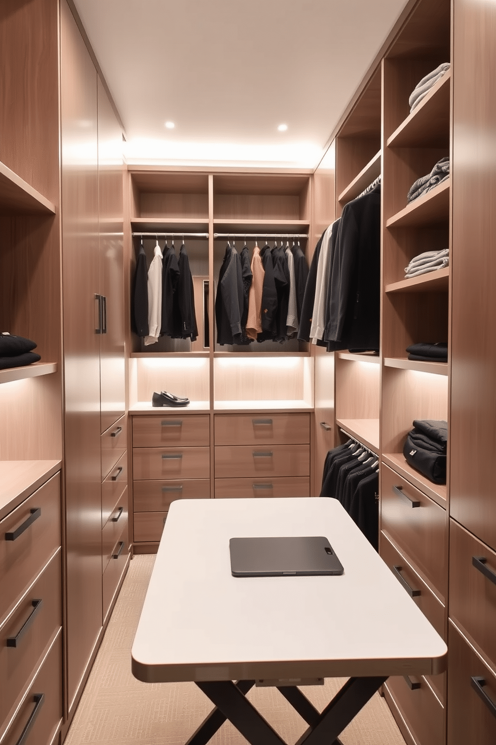 A narrow walk-in closet featuring a sleek folding table that serves as a versatile workspace. The walls are lined with custom shelving and hanging rods, maximizing storage while maintaining an airy feel. Soft, ambient lighting illuminates the space, highlighting the elegant finishes of the cabinetry. A full-length mirror is positioned strategically to enhance the sense of openness and functionality.