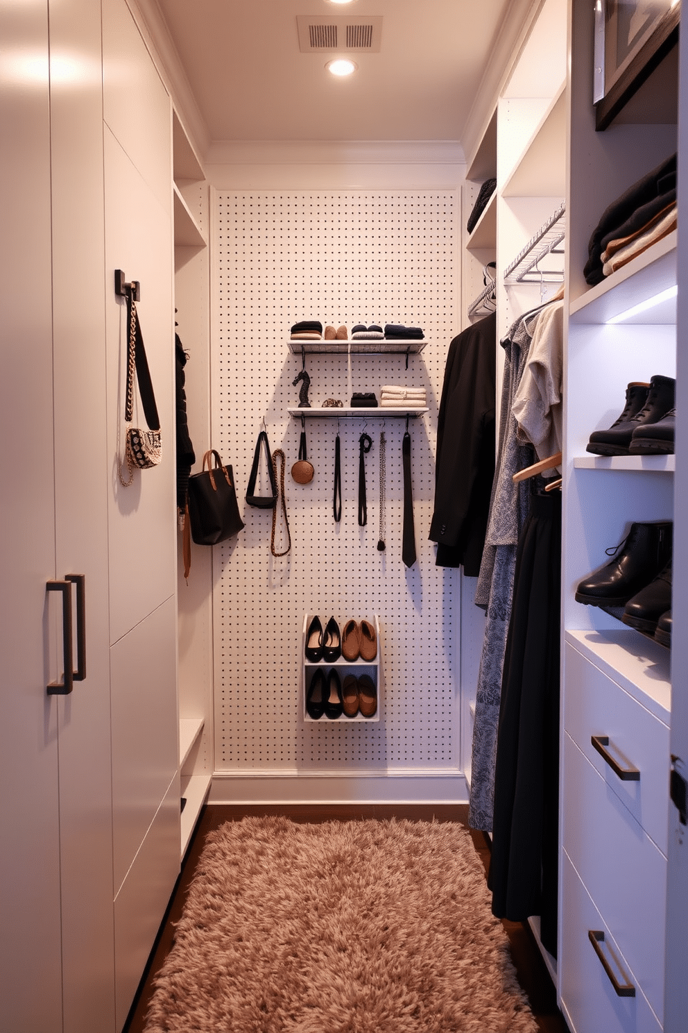 A narrow walk-in closet features a pegboard system on one wall, allowing for customizable storage solutions. The pegboard is adorned with hooks and shelves, providing a stylish display for accessories and shoes, while maximizing the use of vertical space. Soft, ambient lighting illuminates the closet, highlighting the organized layout and creating a welcoming atmosphere. A plush area rug adds warmth underfoot, complementing the sleek cabinetry and hanging rods for clothing.