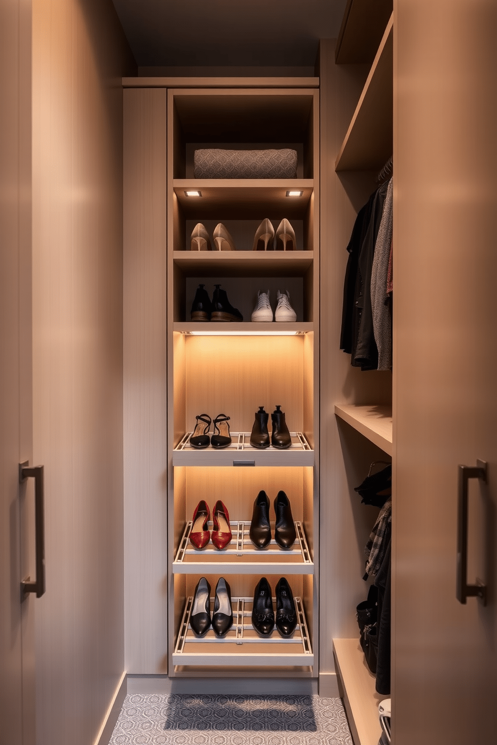 A narrow walk-in closet designed for optimal organization features sleek pull-out shoe racks integrated into the cabinetry. The walls are lined with soft, neutral tones, and warm lighting illuminates the space, highlighting the neatly arranged shoes and accessories.