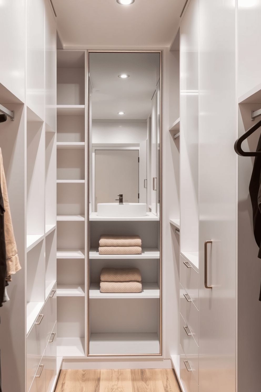 A stylish narrow walk-in closet featuring sleek built-in shelves and hanging rods on either side, maximizing storage while maintaining an open feel. A large, frameless mirror is positioned on one wall to create depth and enhance the sense of space, reflecting the soft ambient lighting throughout.