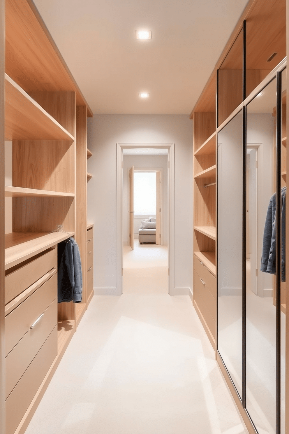 A narrow walk-in closet design featuring light-colored walls and soft wood shelving creates an airy and spacious atmosphere. The floor is adorned with a light-colored carpet, and a full-length mirror is mounted on one side, enhancing the sense of openness.