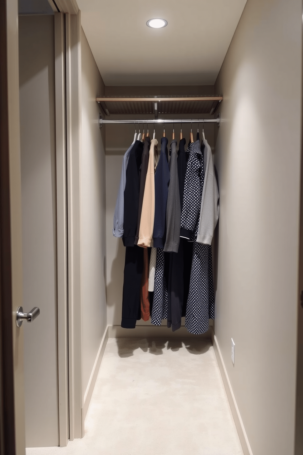 A narrow walk-in closet features a double hanging rod system, maximizing vertical space for clothing organization. The walls are lined with soft, neutral tones, and the floor is adorned with a plush, light-colored carpet for added comfort.