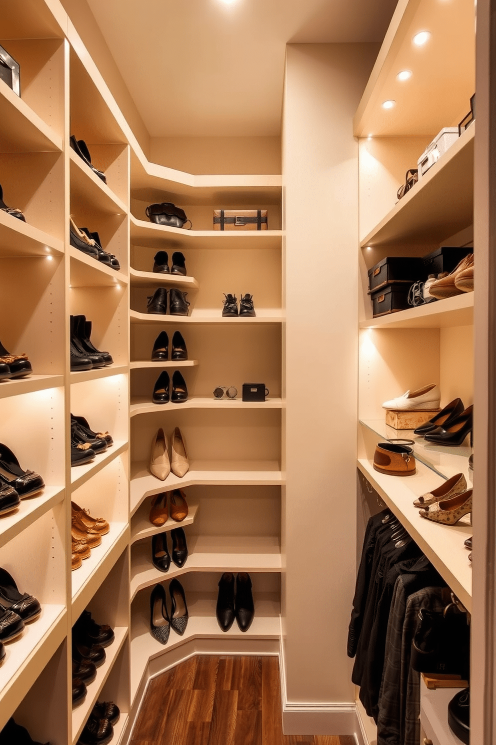 A stylish narrow walk-in closet features corner shelving that maximizes storage space, elegantly showcasing shoes and accessories. The walls are painted in a soft beige, complemented by warm lighting that highlights the organized shelves and adds a cozy atmosphere.