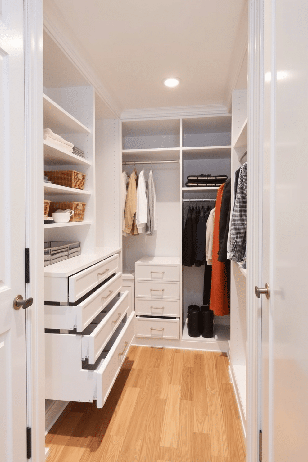 A narrow walk-in closet featuring built-in drawers for organization, maximizing storage while maintaining a sleek aesthetic. The walls are painted in a soft white hue, and the flooring consists of light oak hardwood, creating a bright and inviting atmosphere.