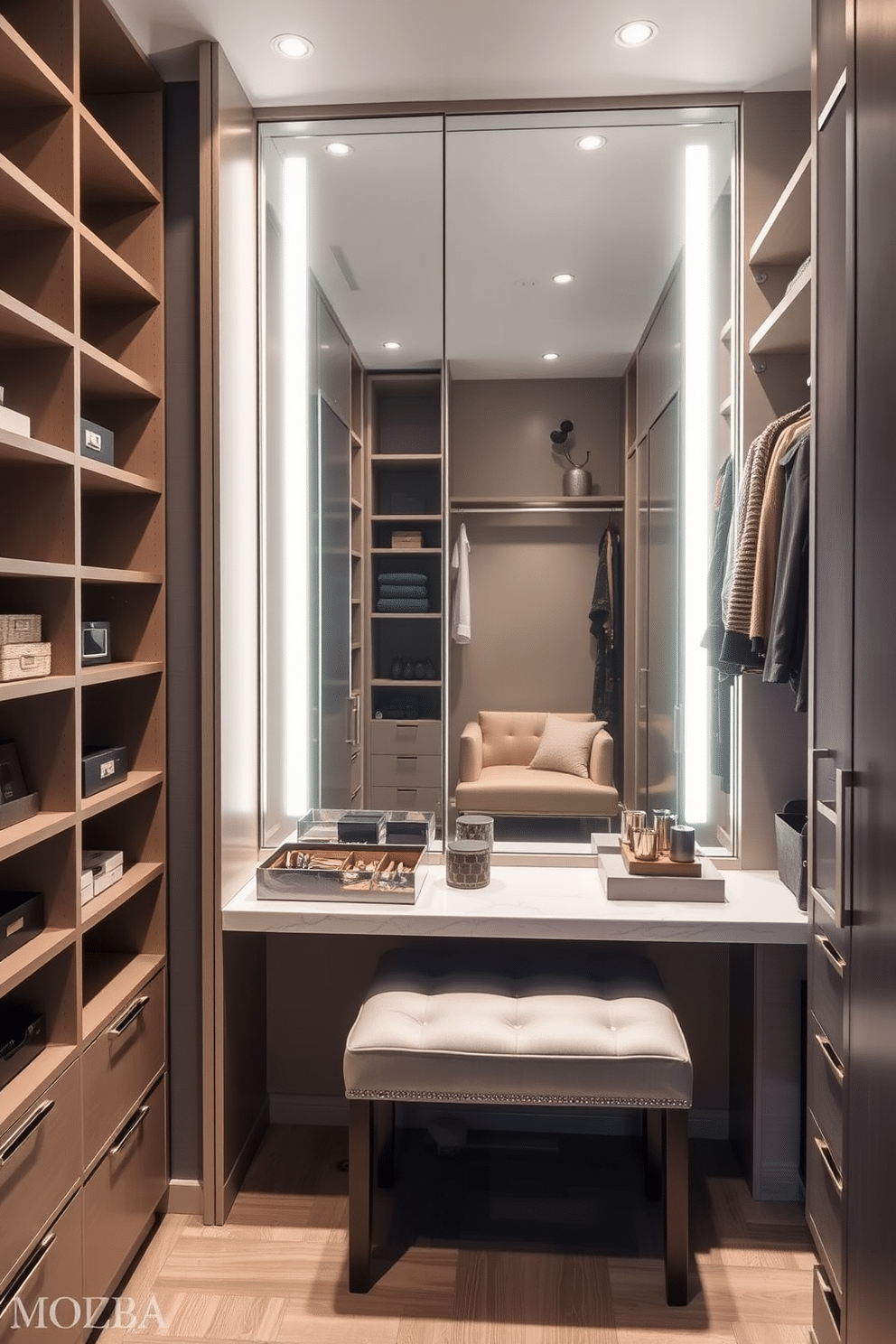 A sleek and organized accessory station with a combination of open shelving and closed drawers. The station features a large, illuminated mirror above a marble countertop, surrounded by neatly arranged jewelry trays and stylish boxes for storage. A narrow walk-in closet designed for maximum efficiency and style. Shelving units line one side, while a full-length mirror is positioned on the opposite wall, with a chic bench for seating in the center, creating a functional yet elegant space.