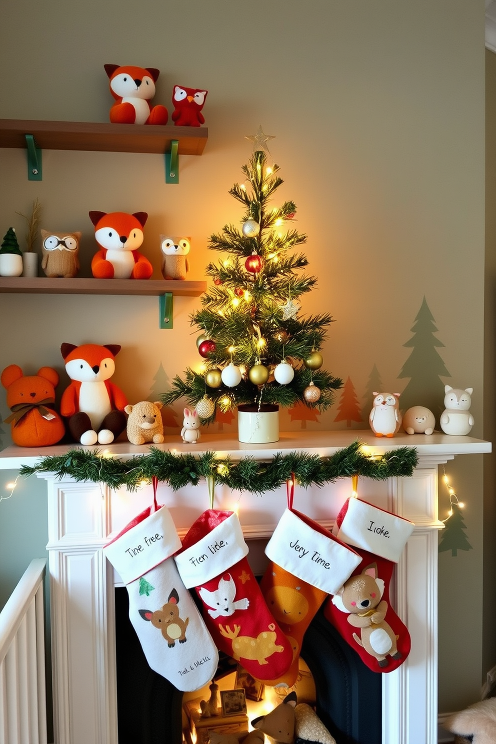 Whimsical woodland creature decorations fill the nursery with a playful charm. Soft plush animals, such as foxes and owls, are artfully arranged on shelves, while tree-themed wall decals create a serene forest backdrop. For Christmas decorating ideas, the nursery is adorned with twinkling fairy lights and a small, beautifully decorated tree. Stockings featuring woodland creatures hang from a cozy mantel, adding a festive touch to the enchanting space.