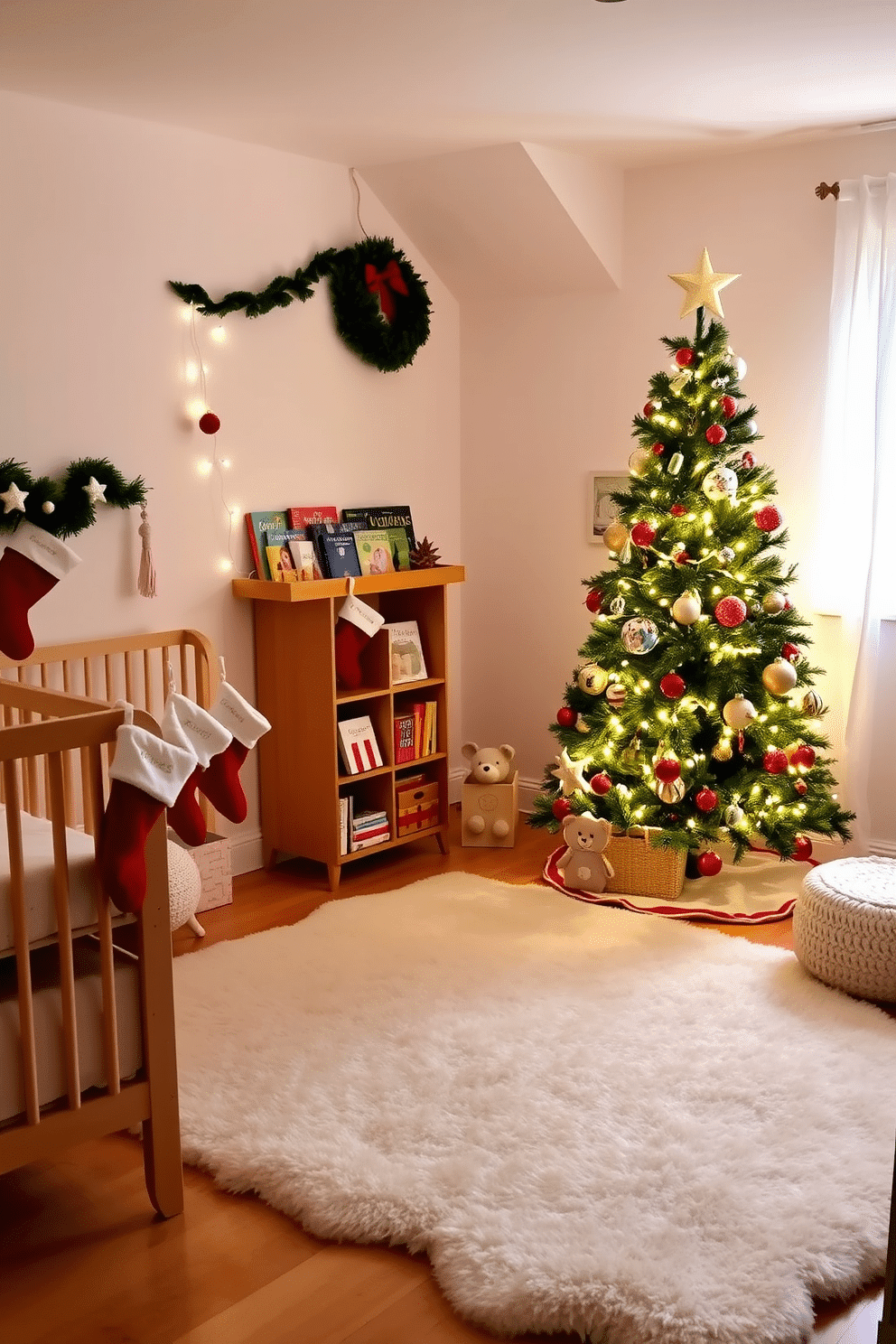 A cozy nursery adorned for Christmas. The walls are painted in soft pastels, and a beautifully decorated Christmas tree stands in the corner, surrounded by colorful Christmas books displayed on a small wooden shelf. Festive ornaments and twinkling lights add a warm glow to the room. A plush rug in the center invites play, while stockings hang from the mantel, filled with small toys and treats.